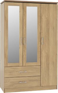 Charles 3 Door 2 Drawer Mirrored Wardrobe Oak Effect Veneer with Walnut Trim-0
