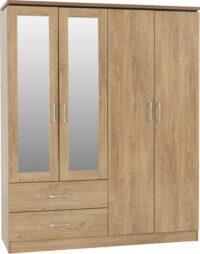 Charles 4 Door 2 Drawer Mirrored Wardrobe Oak Effect Veneer with Walnut Trim-0