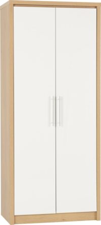 Seville 2 Door Wardrobe White High Gloss/Light Oak Effect Veneer-0