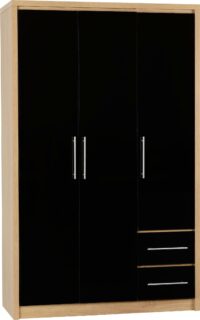 Seville 3 Door 2 Drawer Wardrobe Black High Gloss/Light Oak Effect Veneer-0