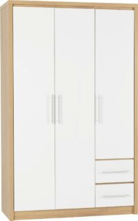 Seville 3 Door 2 Drawer Wardrobe White High Gloss/Light Oak Effect Veneer-0