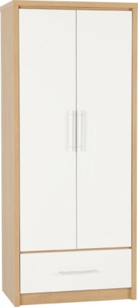 Seville 2 Door 1 Drawer Wardrobe White High Gloss/Light Oak Effect Veneer-0