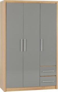 Seville 3 Door 2 Drawer Wardrobe Grey High Gloss/Light Oak Effect Veneer-0