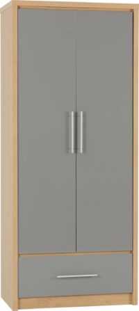 Seville 2 Door 1 Drawer Wardrobe Grey High Gloss/Light Oak Effect Veneer-0