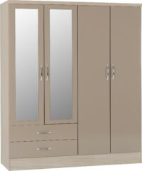 Nevada 4 Door 2 Drawer Mirrored Wardrobe Oyster Gloss/Light Oak Effect Veneer-0