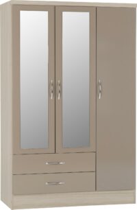 Nevada 3 Door 2 Drawer Mirrored Wardrobe Oyster Gloss/Light Oak Effect Veneer-0