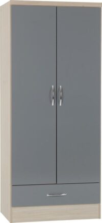 Nevada 2 Door 1 Drawer Wardrobe Grey Gloss/Light Oak Effect Veneer-0