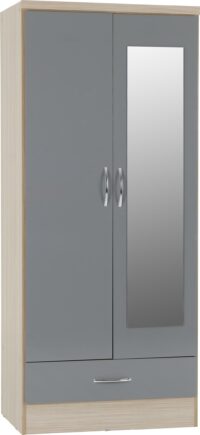 Nevada Mirrored 2 Door 1 Drawer Wardrobe Grey Gloss/Light Oak Effect Veneer-0