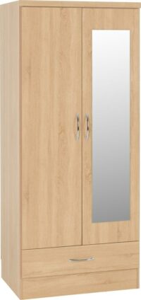 Nevada Mirrored 2 Door 1 Drawer Wardrobe Sonoma Oak Effect-0