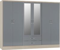 Nevada 6 Door 2 Drawer Mirrored Wardrobe Grey Gloss/Light Oak Effect Veneer-0