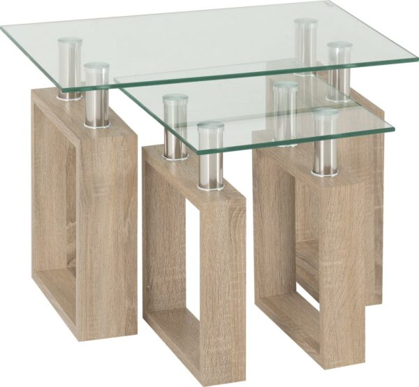 Milan Nest Of Tables Sonoma Oak Effect Veneer/Clear Glass/Silver-0