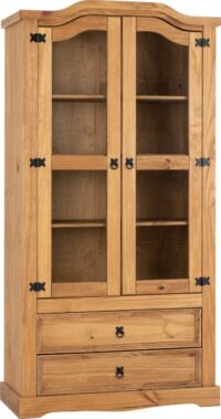 Corona 2 Door 2 Drawer Glass Display Unit Distressed Waxed Pine/Clear Glass-0