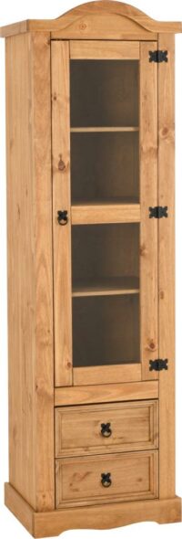 Corona 1 Door 2 Drawer Glass Display Unit Distressed Waxed Pine/Clear Glass-0